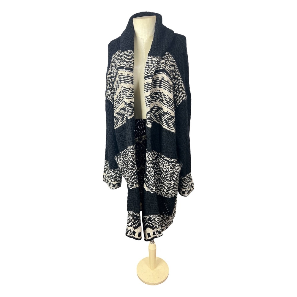 Lucky Brand Womens XL Black Cream Intarsia Knit Open Front Cardigan Sweater